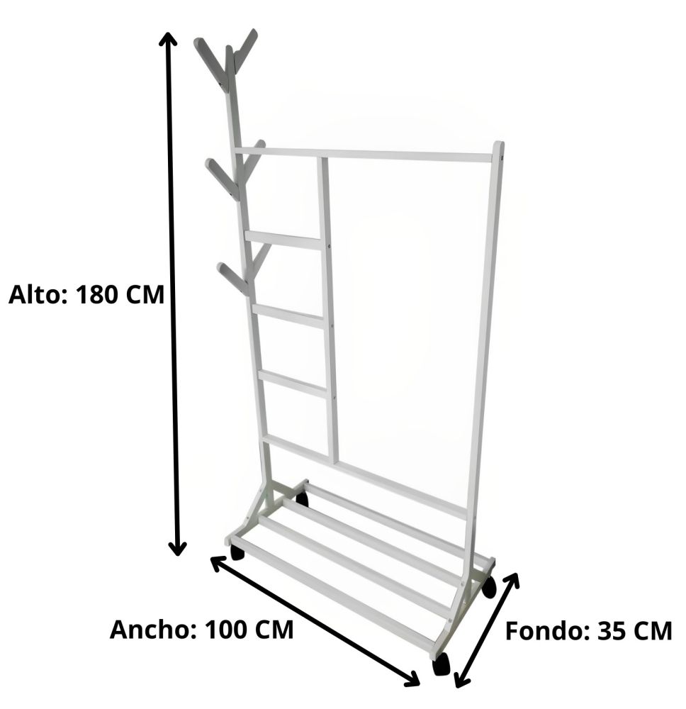 Perchero colgador multiusos con ruedas,  portatil, madera maciza color blanco